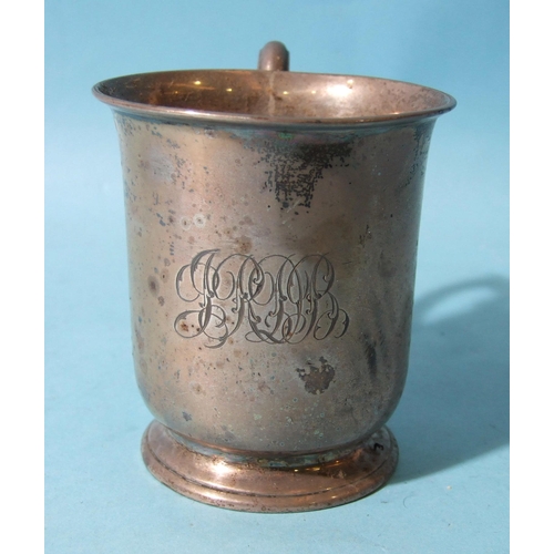 523 - A small plain tankard by E&J Barnard, with scroll handle, on circular foot, inscribed with initi... 