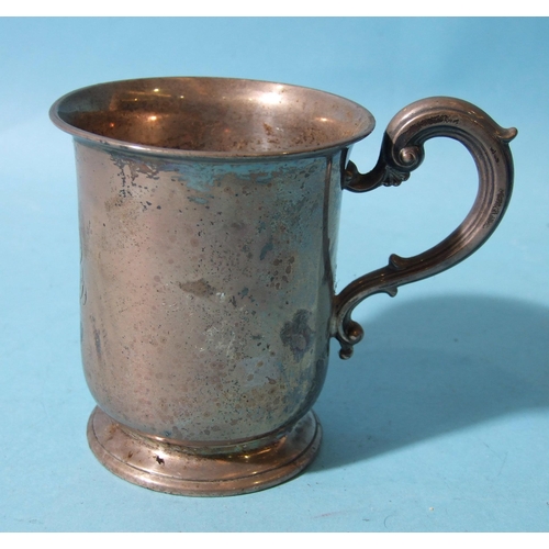 523 - A small plain tankard by E&J Barnard, with scroll handle, on circular foot, inscribed with initi... 