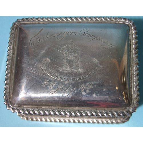 525 - A rectangular lidded box with gadrooned borders, engraved for Fishmongers Company, by Mappin Brother... 