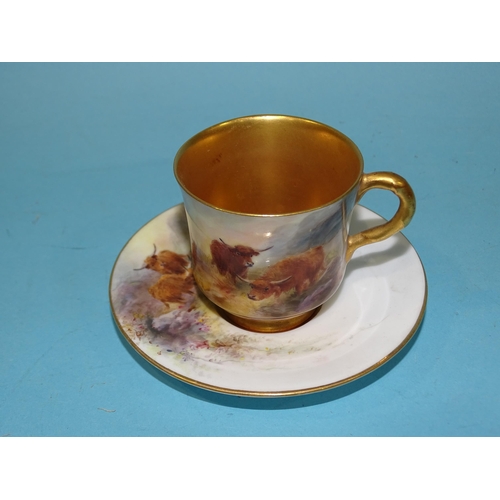 131 - A Royal Worcester cabinet cup and saucer decorated with Highland cattle in a landscape, signed H. St... 