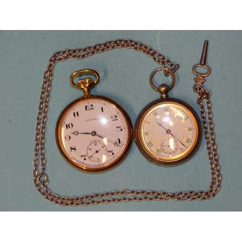 253 - A white-metal-cased key-wind open-face pocket watch, the white enamel dial (fine crack) with two-ton... 