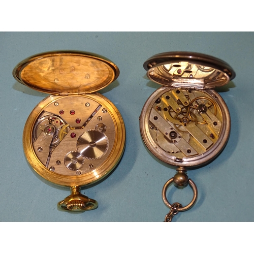 253 - A white-metal-cased key-wind open-face pocket watch, the white enamel dial (fine crack) with two-ton... 