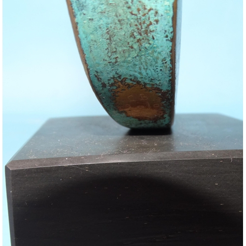 148 - Chris Buck (b.1956), a green-patinated and polished bronze abstract sculpture on wooden base, sculpt... 