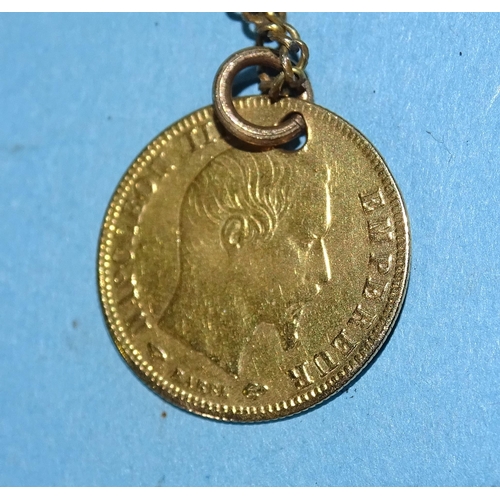 178 - A Napoleon III 1859 gold 5-franc coin, (holed), on plated chain.