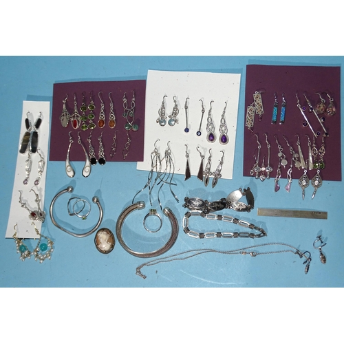 256 - A quantity of 925-silver earrings, rings and bangles, many gem-set, a pair of gold-plated 925-silver... 