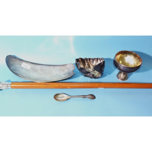 140 - An Oriental white metal-mounted walking cane, 84.5cm long, a plated dish and other items.... 