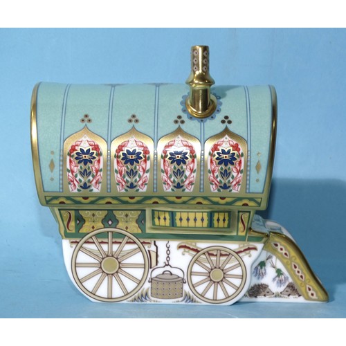 A Royal Crown Derby paperweight "The Barrel Top Gypsy Caravan", limited-edition 218/1250, commissioned by Govier's of Sidmouth, with gold stopper, printed marks to base, certificate and box.