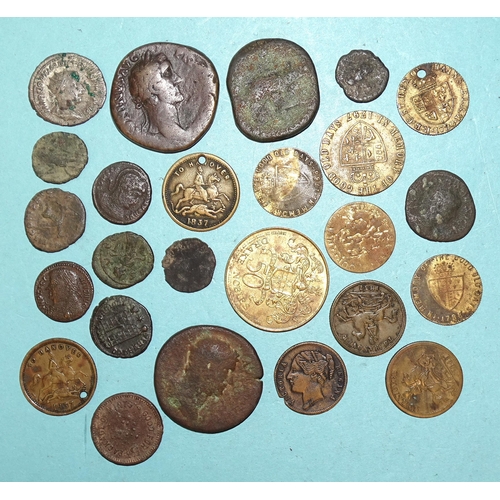 150 - A collection of various 17th, 18th century and later tokens, a Charles II (1660-1685) copper farthin... 