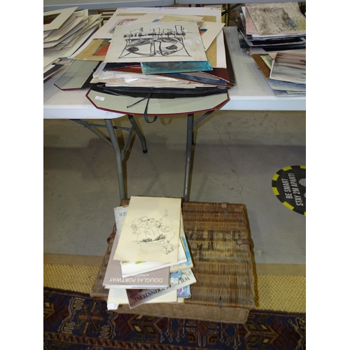 170 - Colin George (b.1935), a wicker basket containing the artist's used palette and various sketch books... 