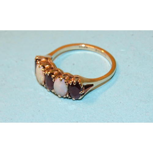 106 - A 9ct gold ring set two oval opals and three garnets, size O, 3g.