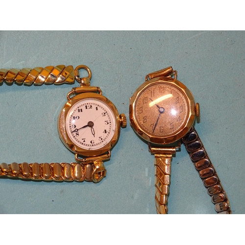 109 - A ladies 9ct-gold-cased Buren wrist watch on plated expanding bracelet, (working) and another 9ct-go... 