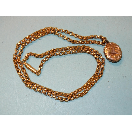 110 - A 9ct gold belcher-link necklace, (clasp a/f), with a small plated locket, gross weight 11.8g.... 