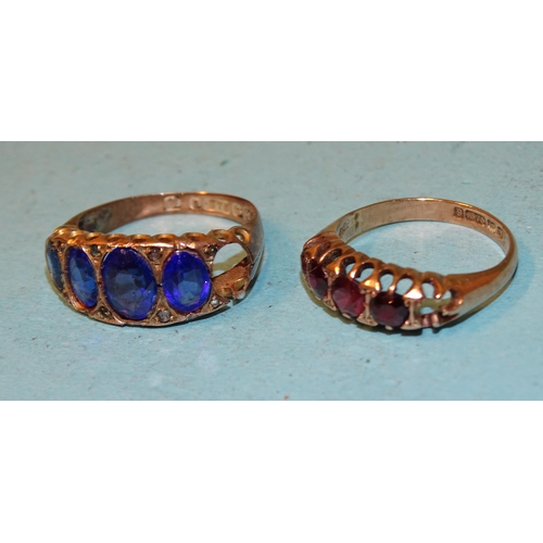 92 - A 9ct gold ring set four (of five) graduated paste stones and another set garnets, also with one sto... 