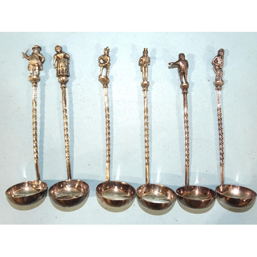 76 - A set of six Victorian silver-plated ladles with spiral-twist stems and figural finials of Dickens c... 