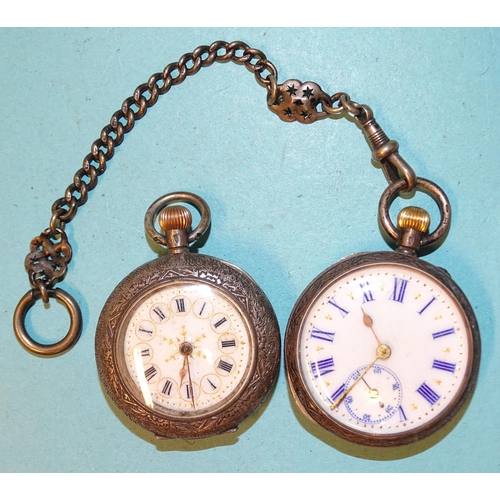 87 - Two Continental silver-cased top-wind pocket watches, both with white enamel dials and Roman numeral... 