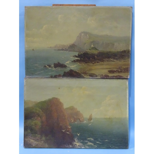 91 - ** Allan ILFRACOMBE, WITH FIGURES ON THE PIER Oil on canvas, unframed and a companion, LADRAM HOLE, ... 