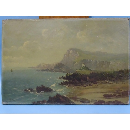 91 - ** Allan ILFRACOMBE, WITH FIGURES ON THE PIER Oil on canvas, unframed and a companion, LADRAM HOLE, ... 