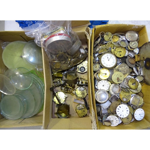 110 - A quantity of watch parts, clock parts, replacement dial glasses and other items.