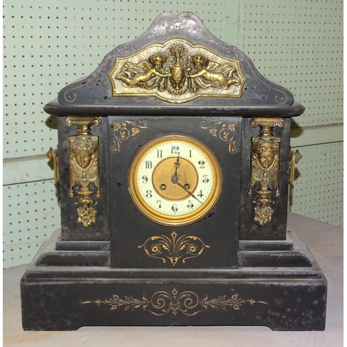 37 - A large metal-mounted slate/marble mantel clock of architectural form, 50cm high, another with two-p... 
