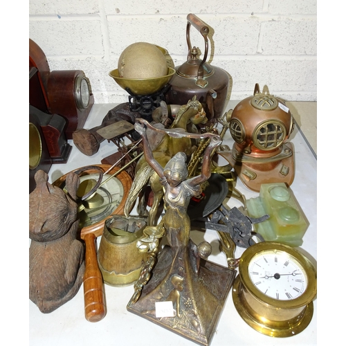 38 - A collection of vintage weighing scales, a model of a diver's helmet and other metal ware and miscel... 