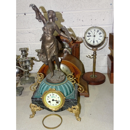 44 - An H.A.C. Wurttemberg walnut mantel clock, with gilt arch dial and pendulum, 40cm high and other clo... 