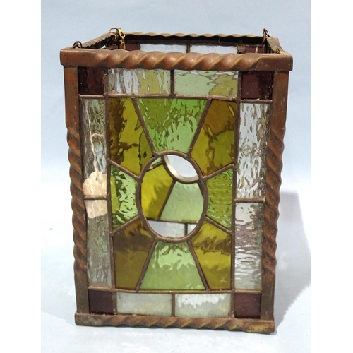 94 - A square-form leaded-light hanging lantern shade, (one small clear glass panel lacking), 29cm high, ... 