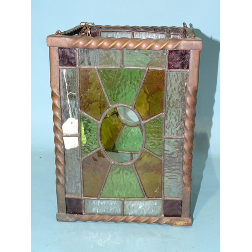 94 - A square-form leaded-light hanging lantern shade, (one small clear glass panel lacking), 29cm high, ... 