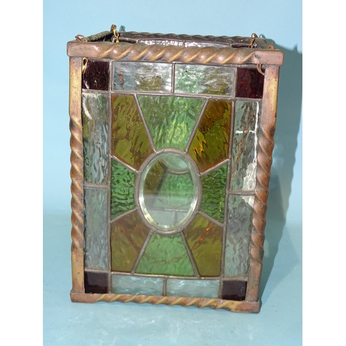 94 - A square-form leaded-light hanging lantern shade, (one small clear glass panel lacking), 29cm high, ... 