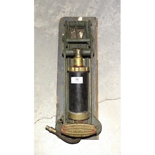 85 - A brass Dunlop foot pump, various other pumps and sprayers.