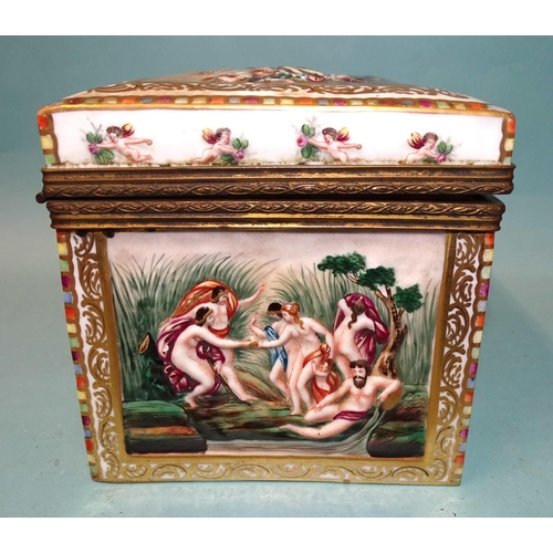 41 - A modern Italian moulded porcelain metal-mounted box with blue crown N mark beneath, various Orienta... 