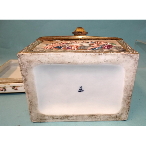 41 - A modern Italian moulded porcelain metal-mounted box with blue crown N mark beneath, various Orienta... 