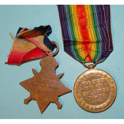 196 - A WWI pair: 1914-1915 Star and Victory medal awarded to 1218 Dr W F Hoar RGA, (RA on Victory medal),... 