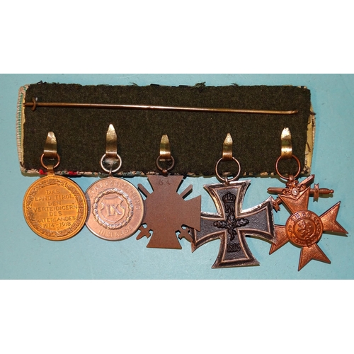 214 - A WWI German medal group of five: Bavaria Military Merit Cross (3rd Class), Iron Cross (2nd Class), ... 