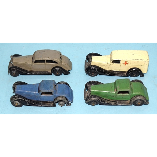 253 - Dinky, 36b Bentley (x2), blue/black and green/black, 30b Rolls Royce tan/black and 30f Ambulance, (4... 