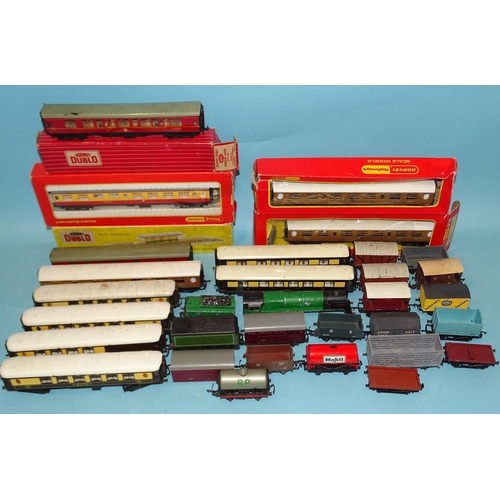 271 - Hornby Dublo, two tinplate corridor coaches, (one boxed), four unboxed wagons, three Triang Hornby b... 