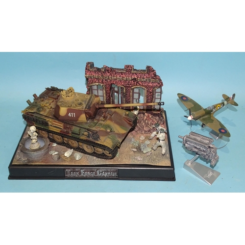 338 - A Task Force Canham, Normandy 1944 diorama, an Aviation Archive diecast spitfire on stand and an eng... 