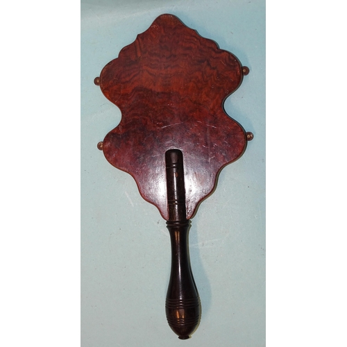 354 - A hand-held mechanical billiards score board of burr walnut, with metal fittings and ebony handle, m... 