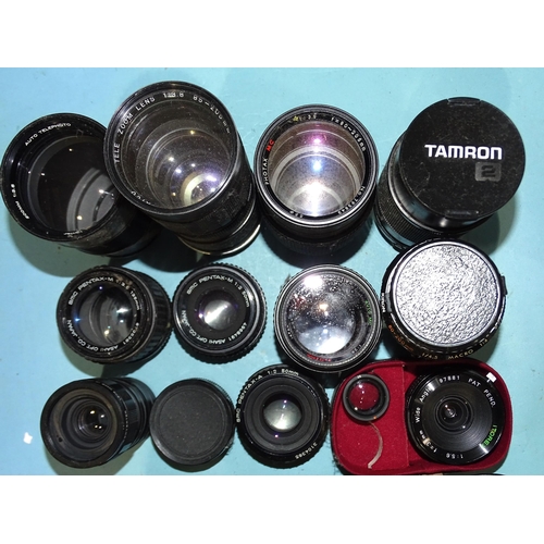 366 - Eight various cameras by Ricoh, Konika, Fujica (a/f), nine lenses by Pentax and others and two conve... 