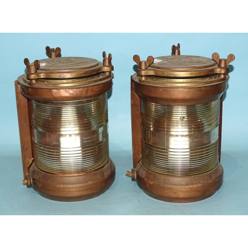 383 - A pair of Seahorse copper mast head lights, numbered 80265 and 80266, 29cm high converted to electri... 