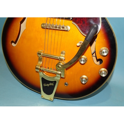 465 - An Epiphone Sheraton semi-acoustic Sunburst guitar, style E212T, blue label within “Epiphone I... 