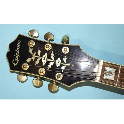 465 - An Epiphone Sheraton semi-acoustic Sunburst guitar, style E212T, blue label within “Epiphone I... 