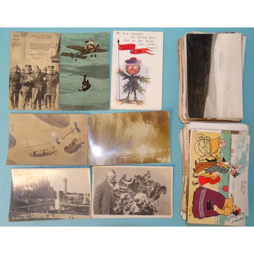 94 - Approximately 165 postcards: humour, WWI including destruction of zeppelins (x7), Bairnsfather, roya... 