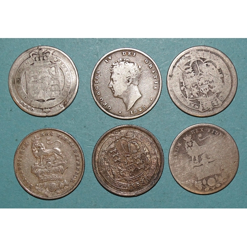 143 - Two George III shillings: 1816 and 1817, with four George IV shillings: 1824, 1825 x 2 and 1826, (6)... 