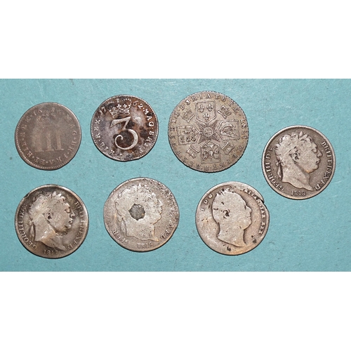 144 - A James II 1686 Maundy 3d, a George III 1762 Maundy 3d, a George III 1787 6d, three George III 6d co... 