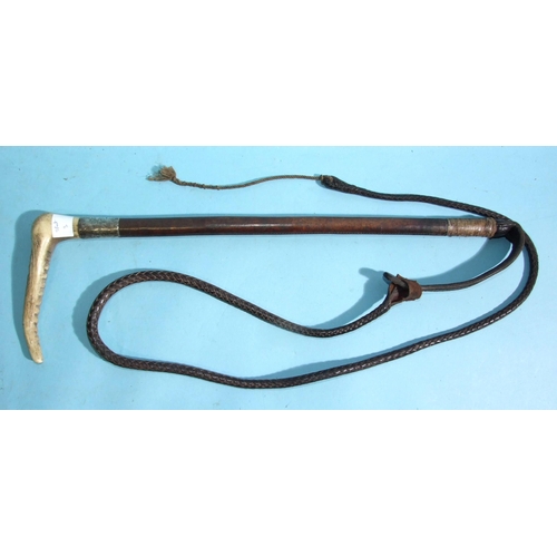 398 - A silver-mounted hunting whip, the leather-covered shaft with antler handle and woven leather lash, ... 