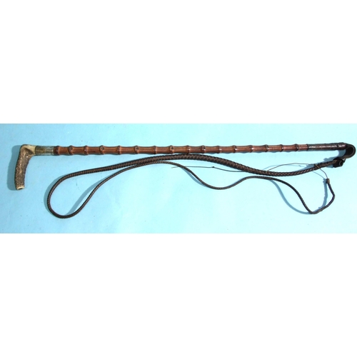 399 - A flexible bamboo hunting whip with antler handle, silver collar and plaited lash, shaft 69cm, initi... 