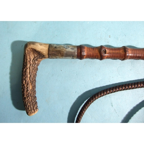 399 - A flexible bamboo hunting whip with antler handle, silver collar and plaited lash, shaft 69cm, initi... 