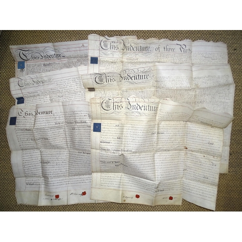 117 - Six 19th century vellum indentures, mainly between a Mr Robert Langworthy and Revd's William Cholwic... 