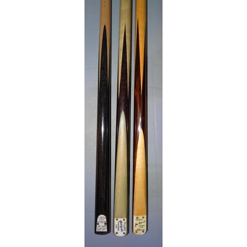 359 - A collection of three snooker cues: a Riley Prize Cue with tombstone badge, handmade, 16½oz, ... 