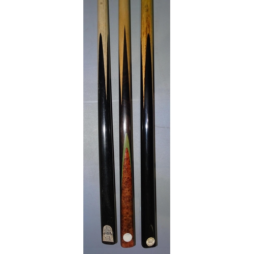 360 - A collection of three snooker cues: a Thurston Special Royal ash/ebony handmade cue, 15oz, 57½... 